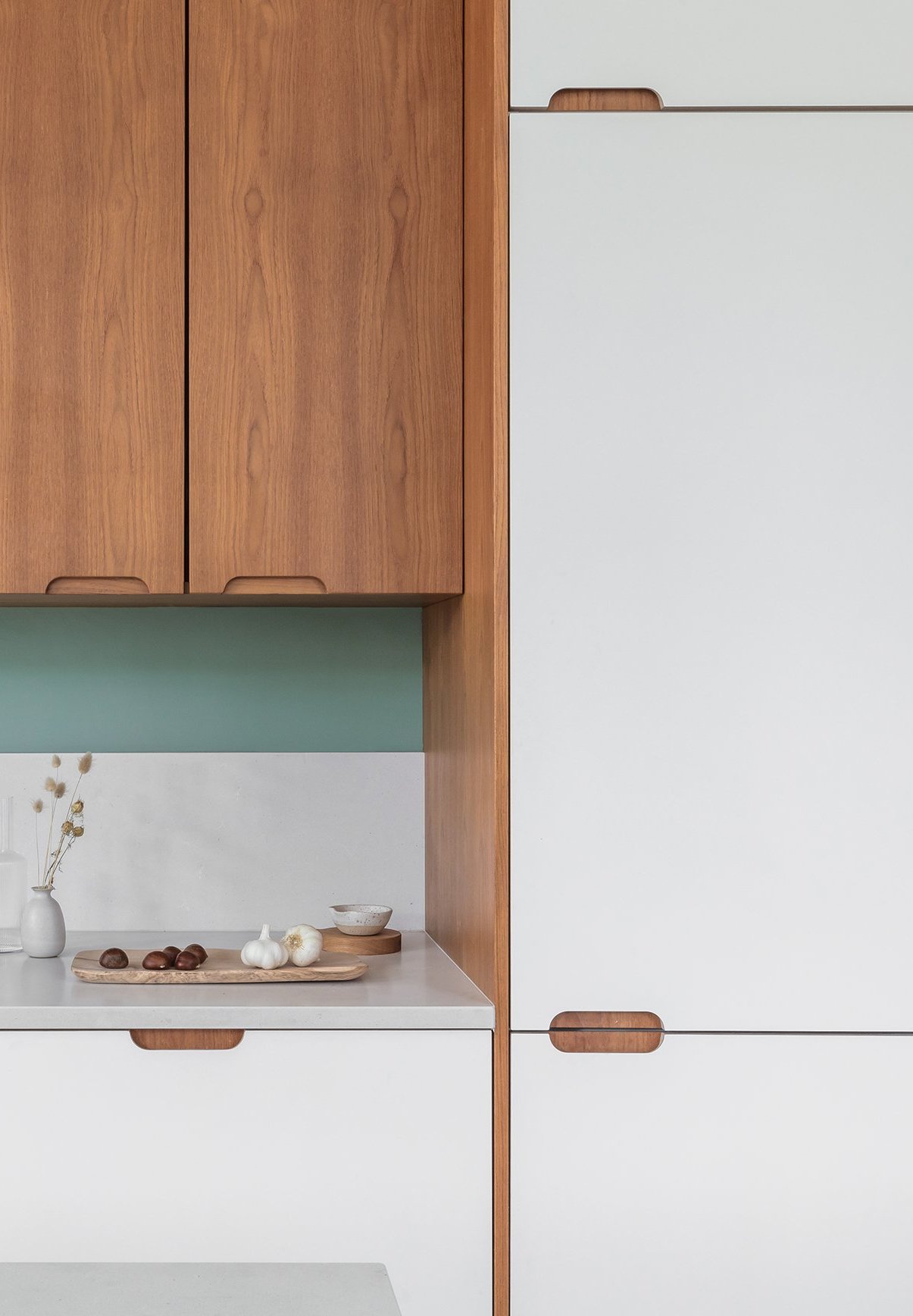 teak and white laminate kitchen