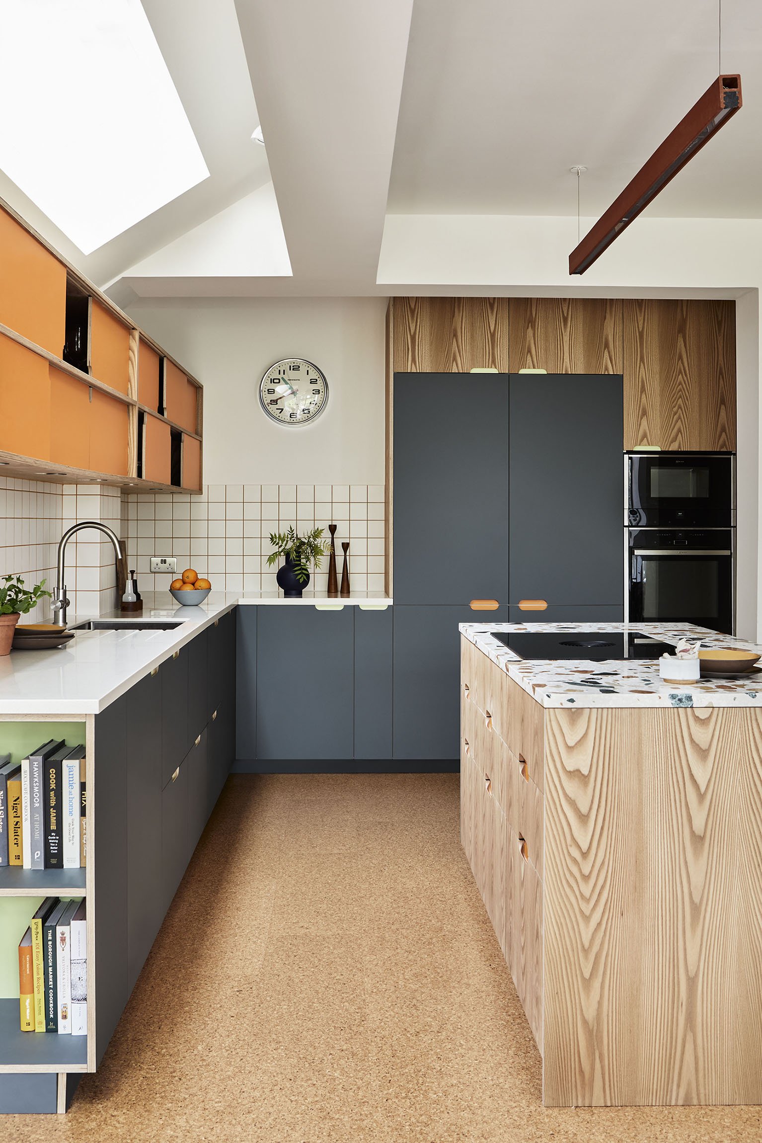 american red elm island with matt blue kitchen fronts