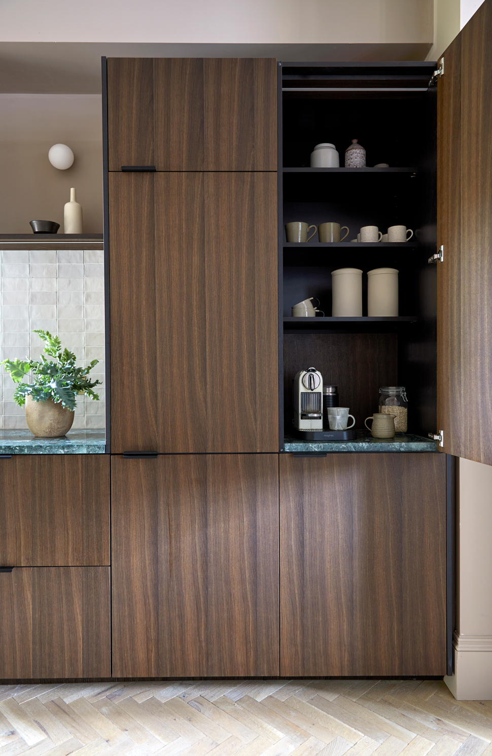 Wooden full height pantry with door open
