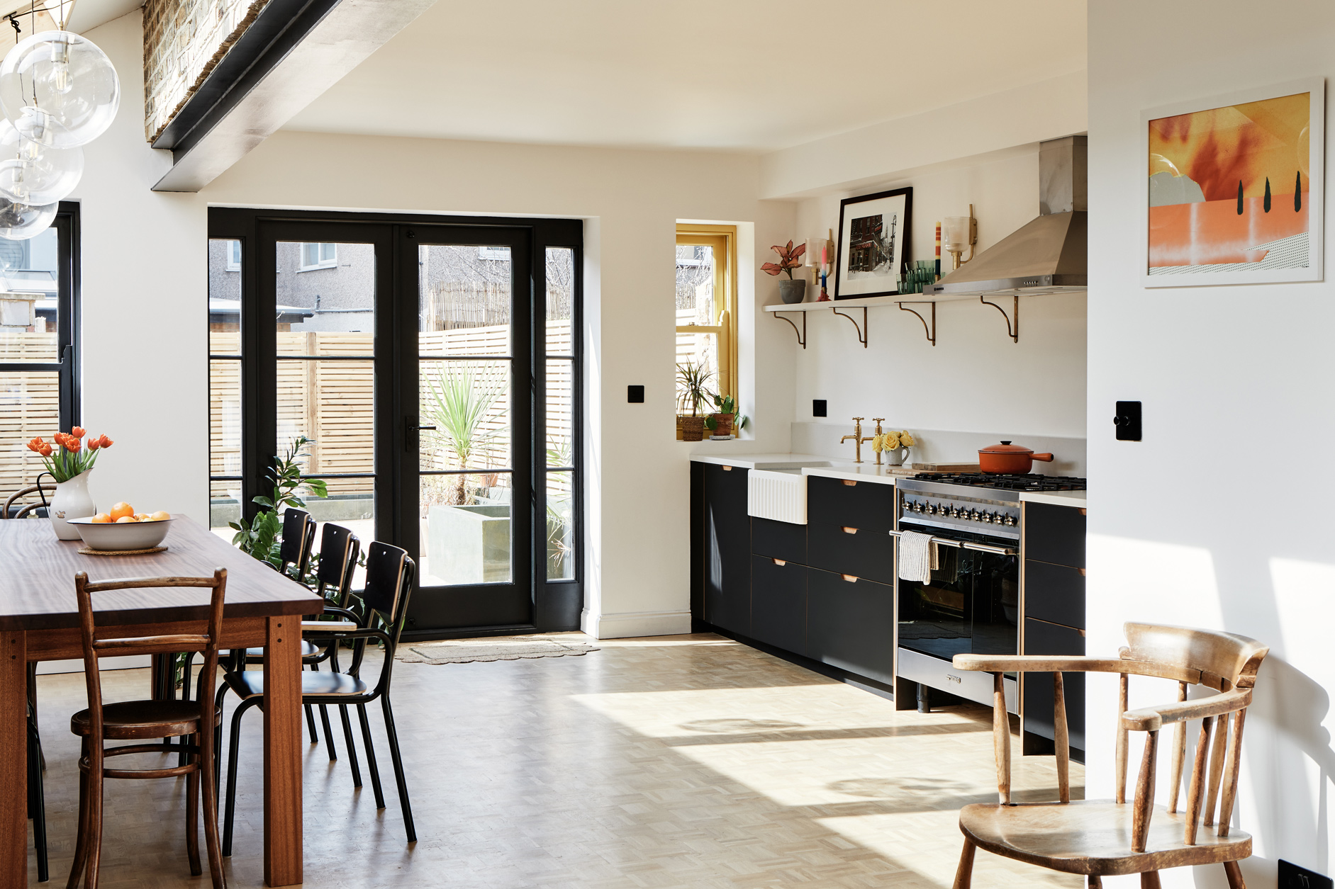 kitchen with garden views and chair in foreground