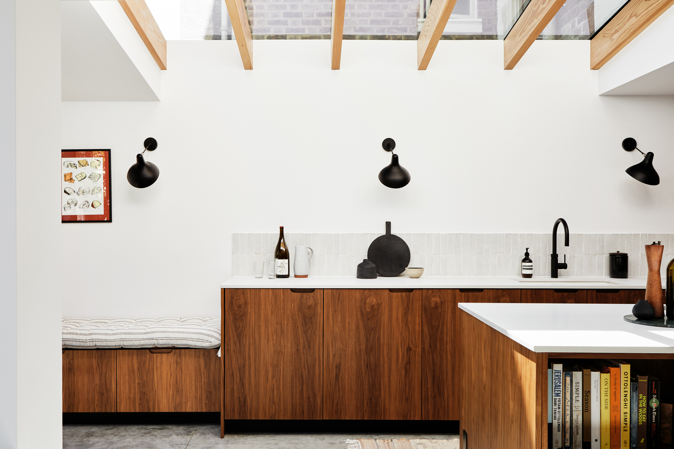 wood kitchen cabinet with white worktop and kitchen accessories