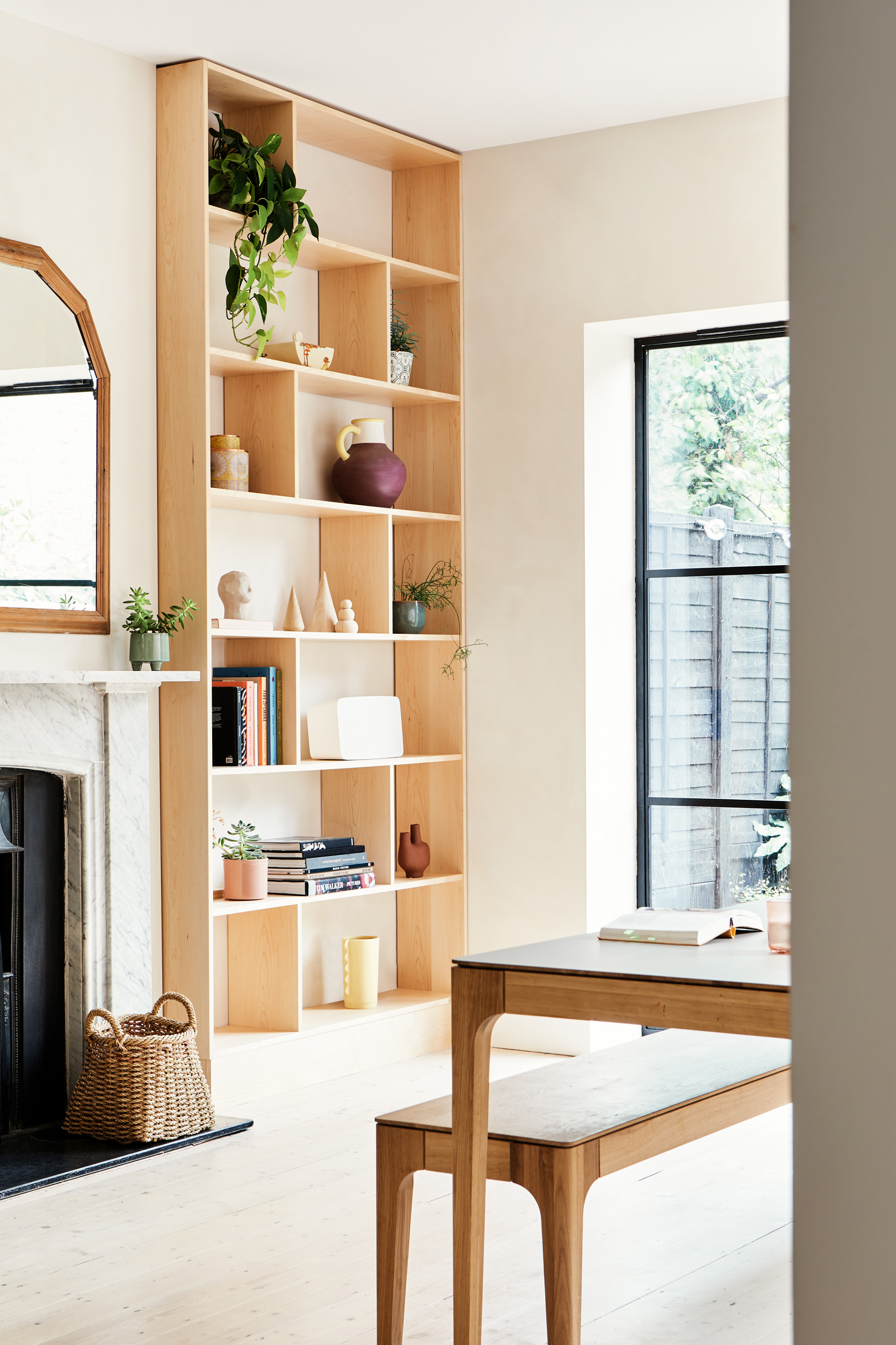 bespoke wooden shelving and kitchen table