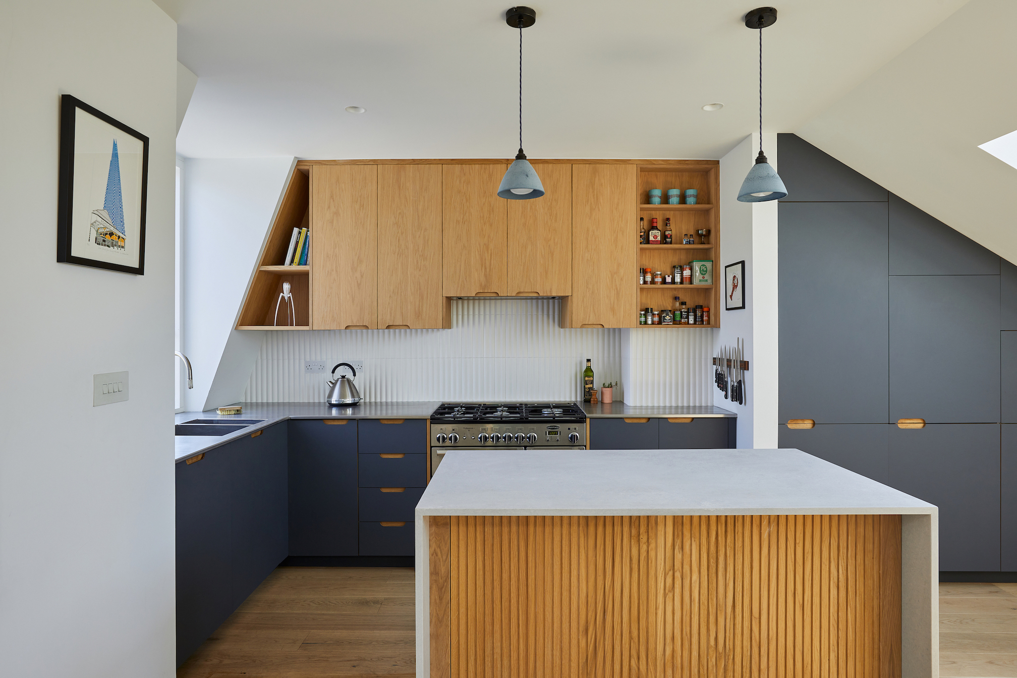 white island and loft kitchen space