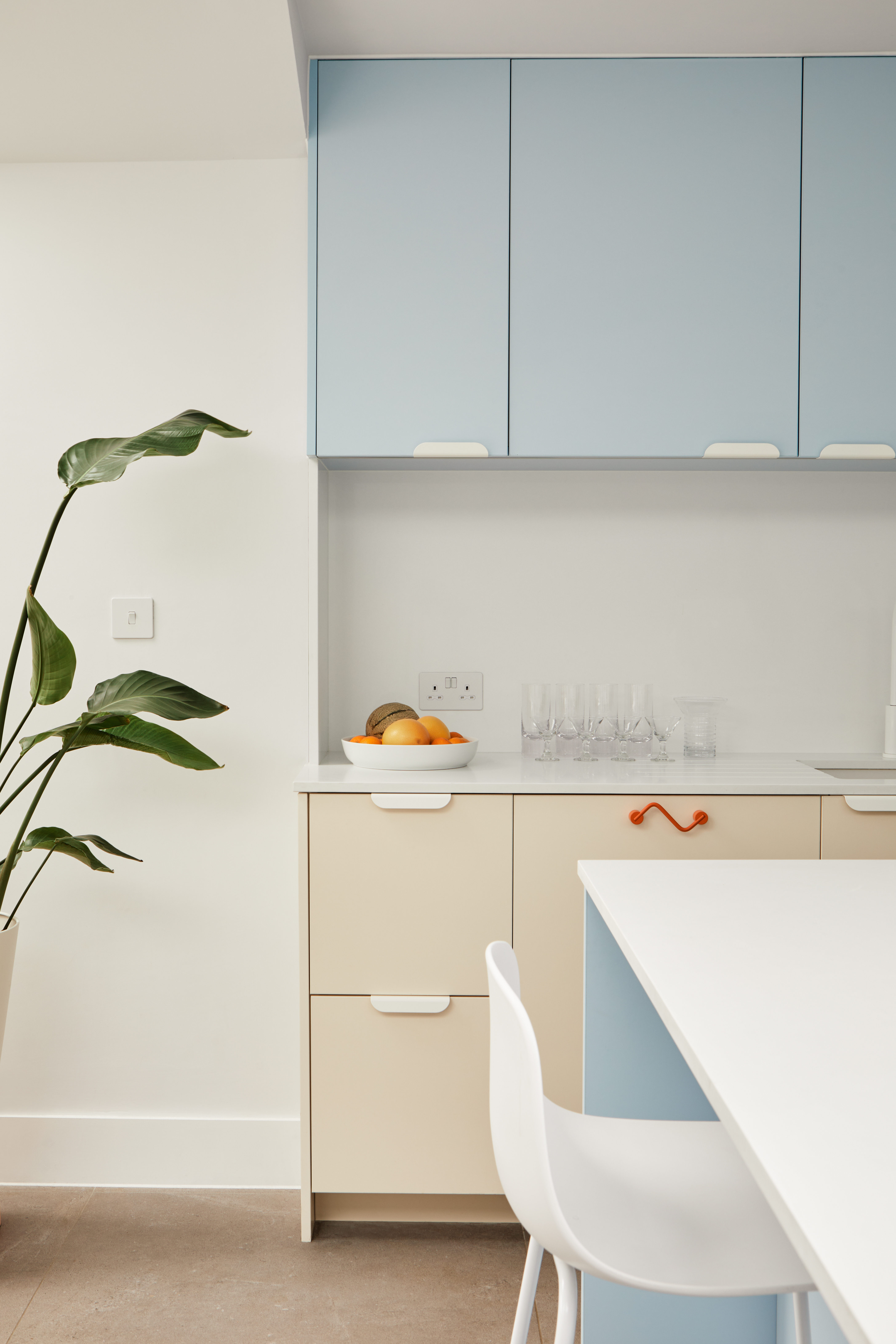 kitchen pale blue and white worktop