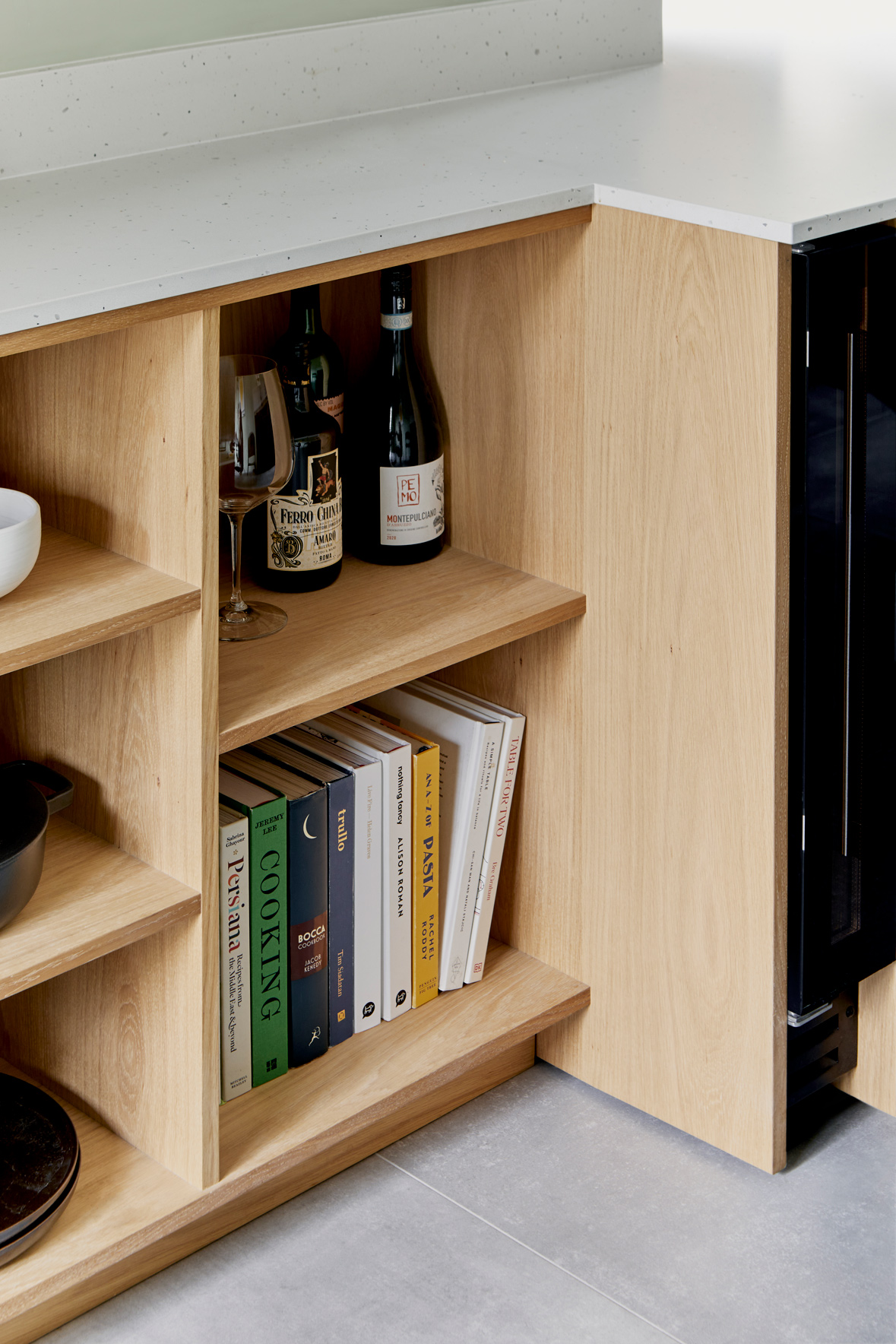 kitchen with wood open shelves